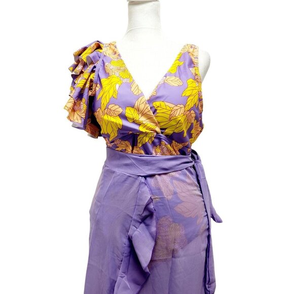 Floral One-Shoulder Ruffled Swimsuit V Neckline Yellow Lavender Womens Size XL - Picture 15 of 15